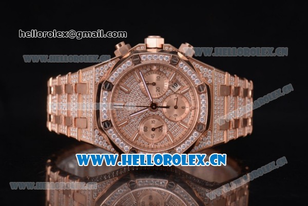 Audemars Piguet Royal Oak Chronograph Swiss Valjoux 7750 Automatic Rose Gold/Diamonds Case with Diamonds Bezel Diamonds Dial and Stick Markers (EF) - Click Image to Close